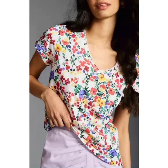 Anthropologie T.La Tunic Top Womens XL Floral Classic V Neck Short Sleeve Boho - Picture 1 of 13